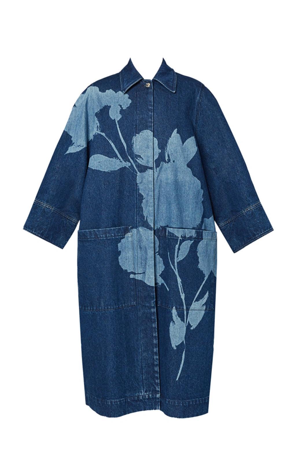 Denim Floral-printed Coat In Blue Product Image