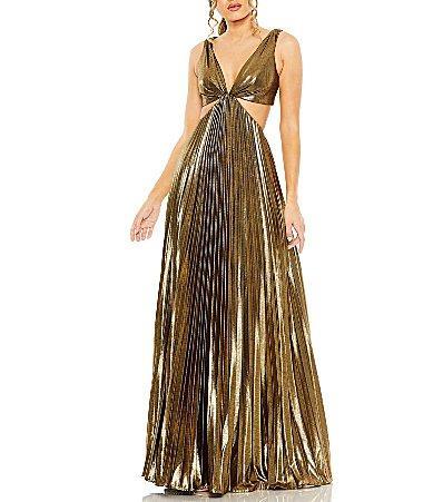 Mac Duggal Metallic Pleated V-Neck Sleeveless Waist Cut Product Image