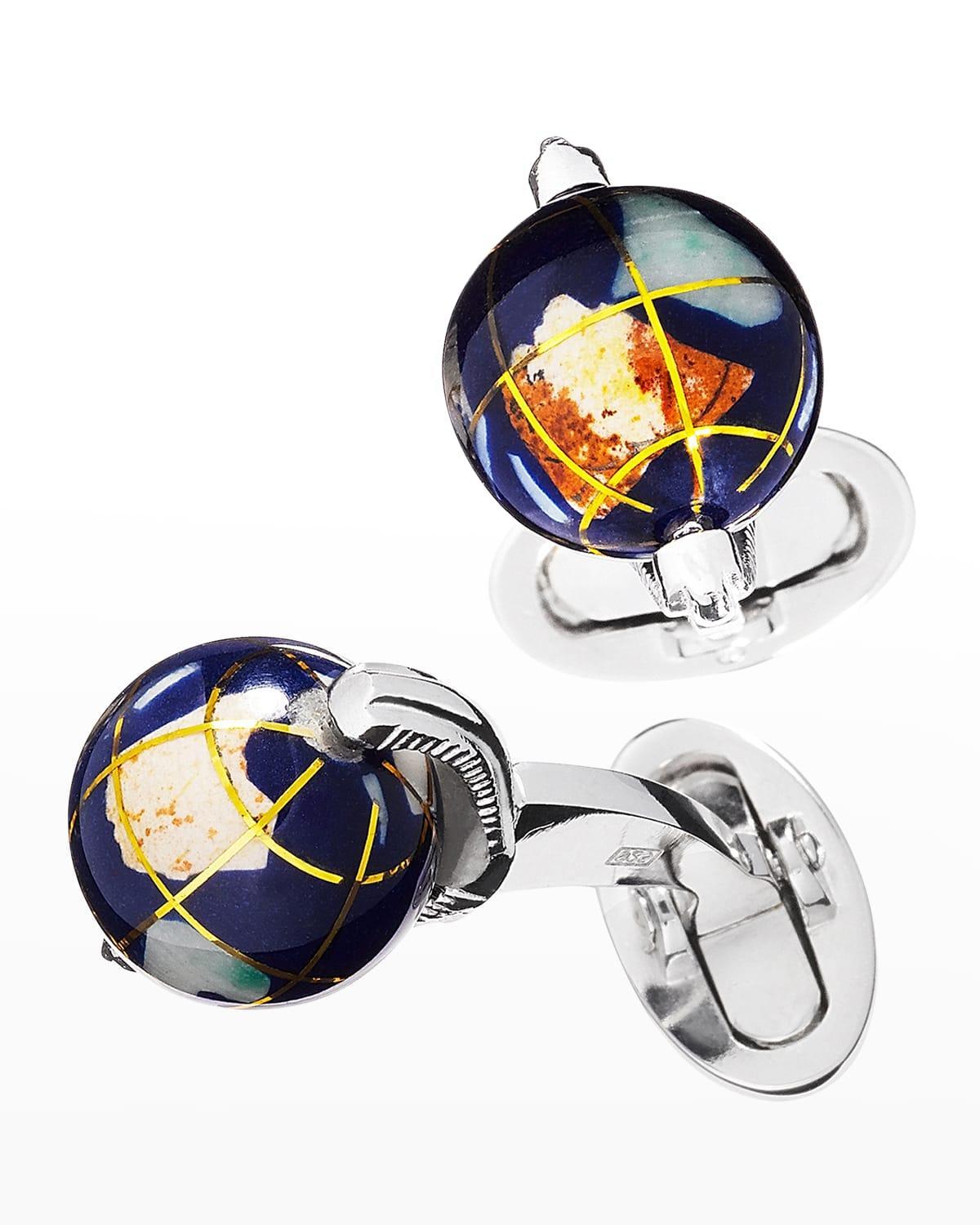 Mens Sterling Silver & Articulated Spinning Lapis Globe Cufflinks - Silver - Silver Product Image