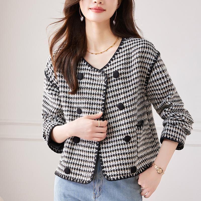 Round Neck Houndstooth Double Breasted Cropped Tweed Jacket Product Image