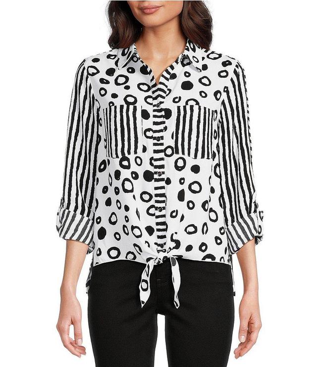 Ali Miles Woven Animal Spot Stripe Printed Point Collar Chest Patch Pocket Long Roll-Tab Sleeve Tie Front Tunic Product Image