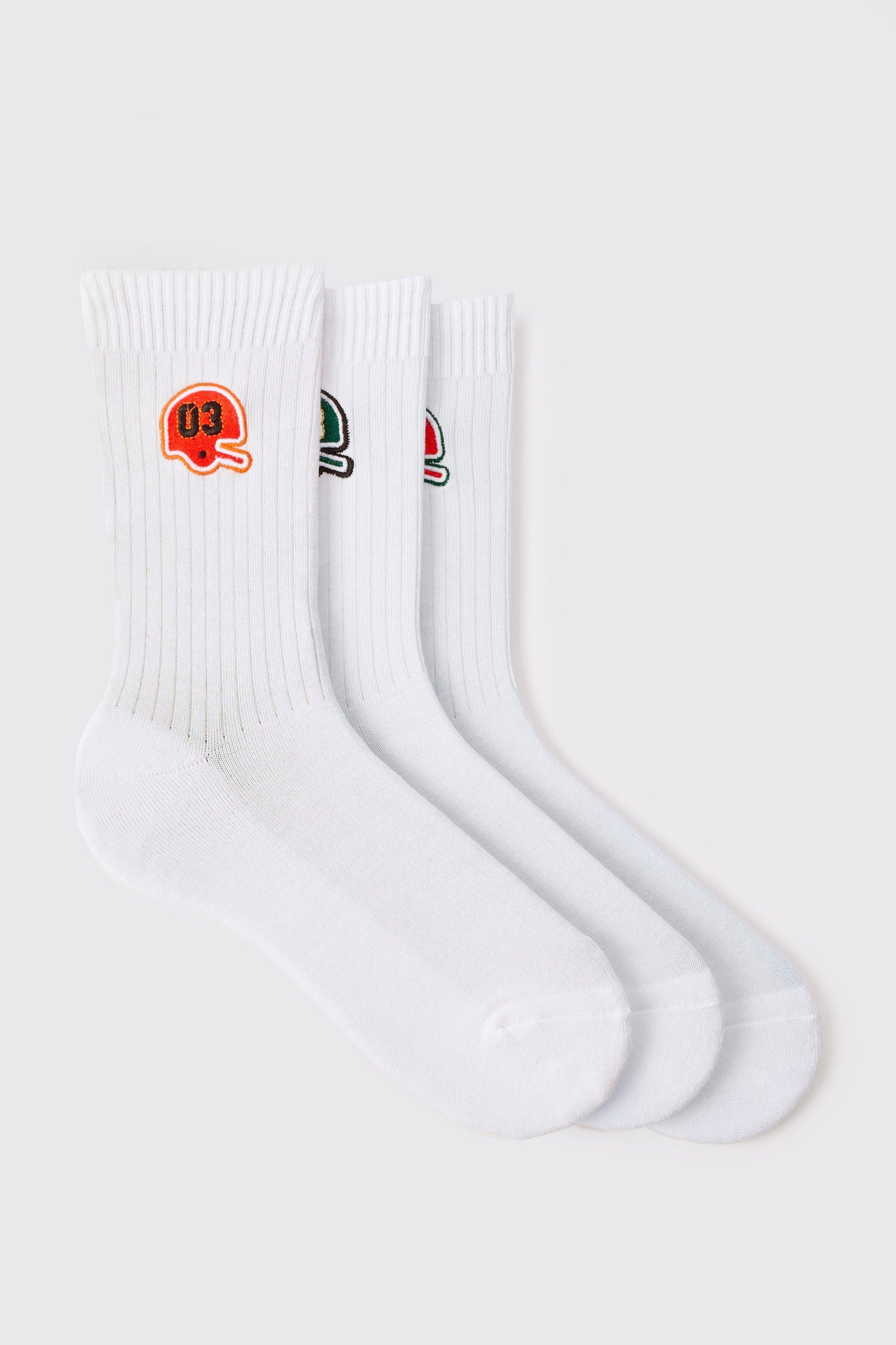 3 Pack Embroidered Varsity Socks | boohooMAN USA Product Image