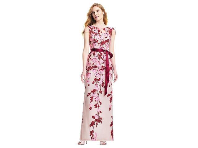 Adrianna Papell Cascading Floral Embroidered Long Column Gown (Merlot Multi) Women's Dress Product Image