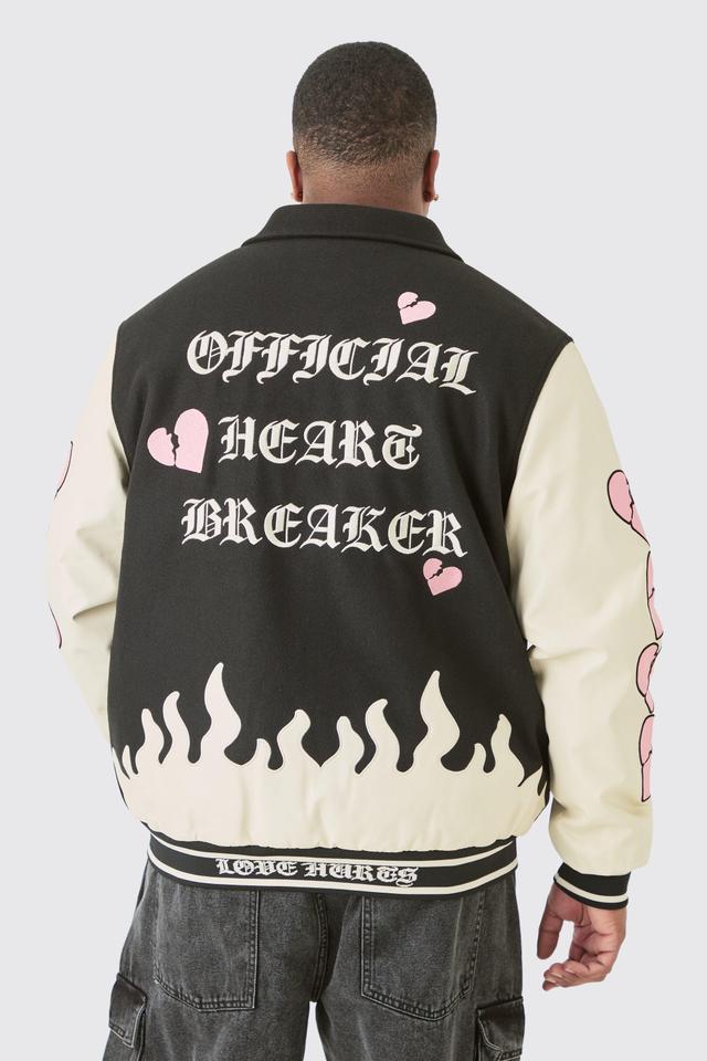 Plus Heart Breaker Badge PU Sleeve Bomber | boohooMAN USA Product Image