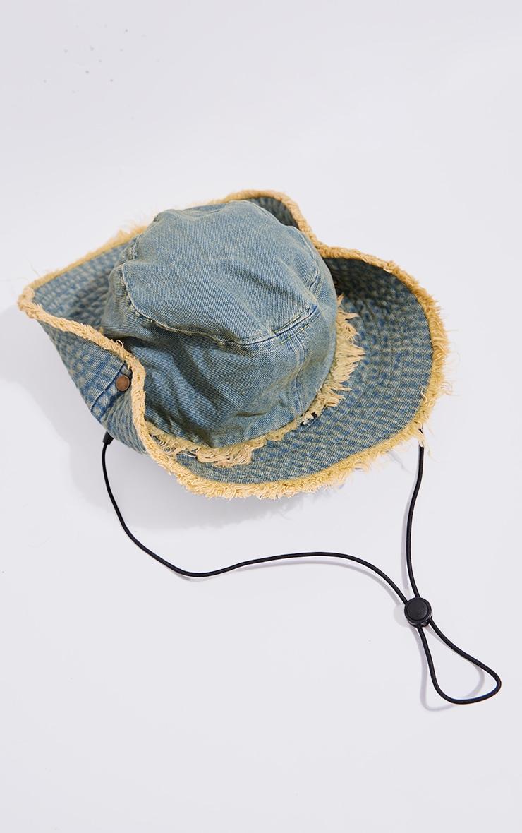 Blue Frayed Denim Toggle Bucket Hat Product Image