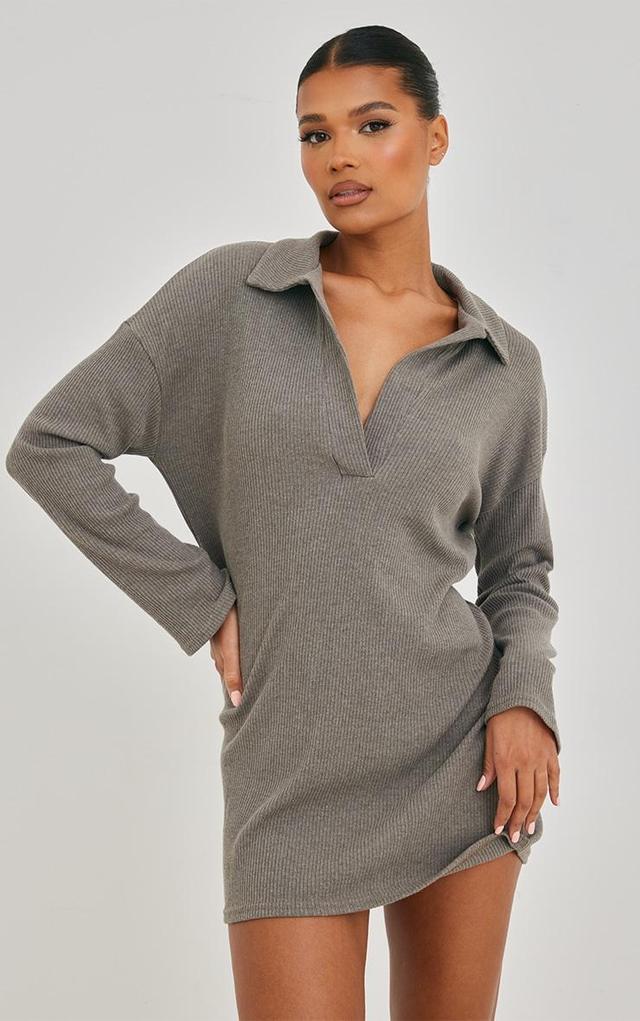 Sage Khaki Rib V Neck Oversized Sweater Dress Product Image