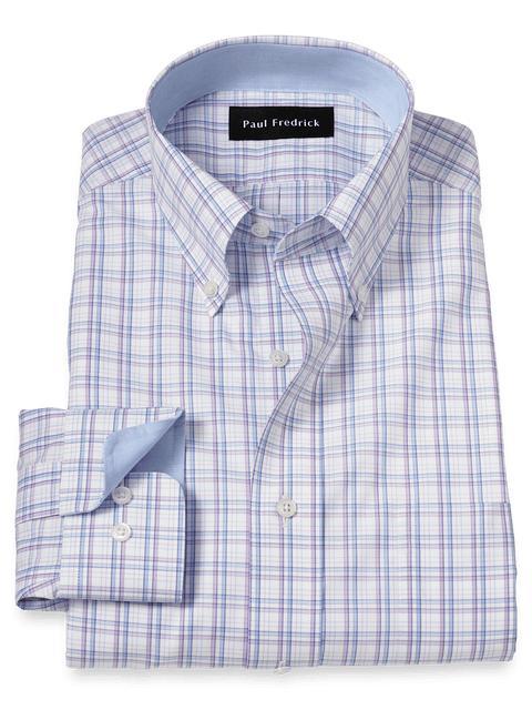 Non-Iron Cotton Plaid Dress Shirt With Contrast Trim - Blue/purple Product Image