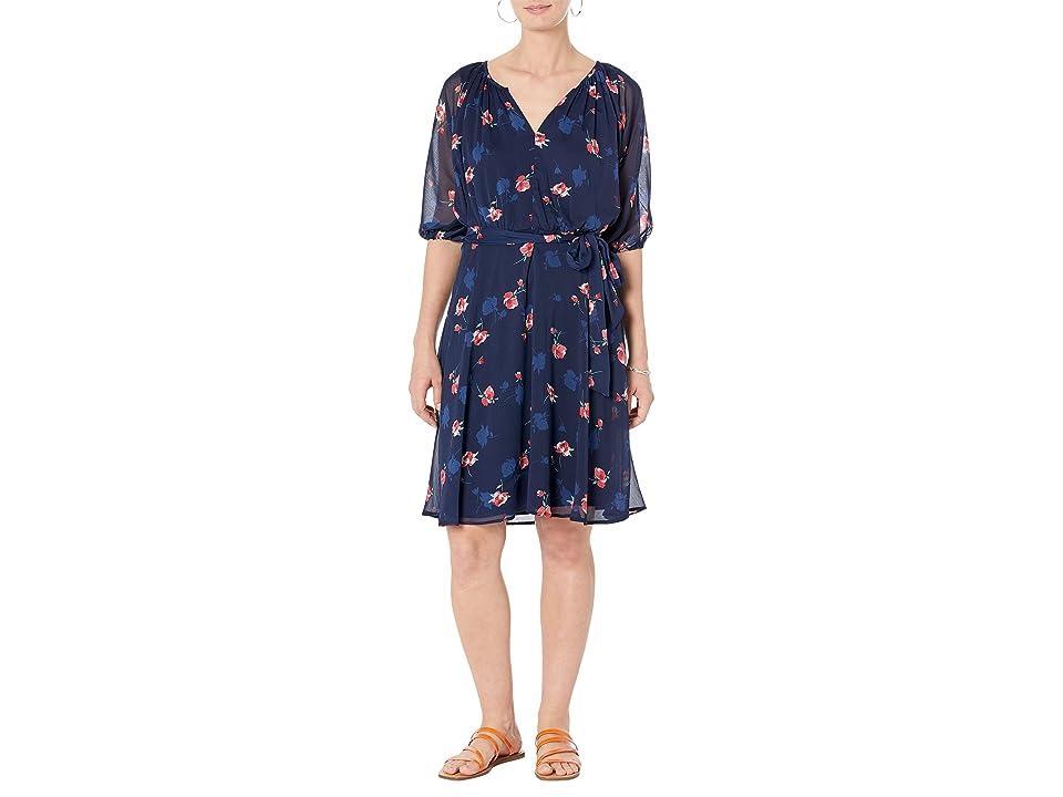 DKNY Puff Sleeve V-Neck Belted Dress (Shadow Floral 7858/Spring Navy/Melon Multi) Women's Clothing Product Image