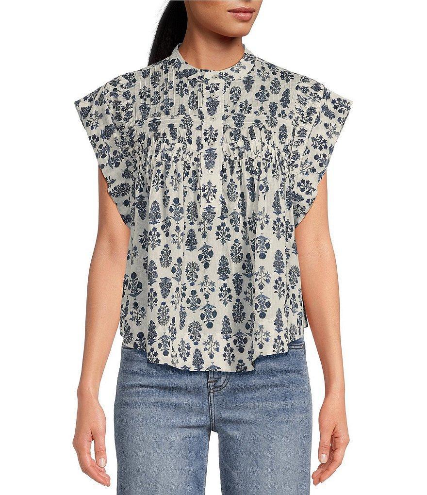 Ro's Garden Cap Sleeve Floral Partial Mandarin Collar Button Front Top Product Image