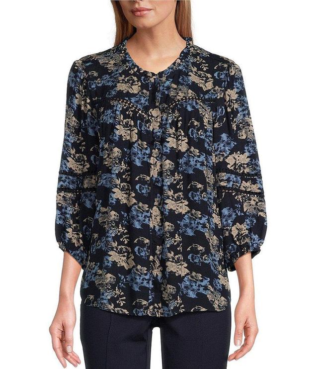 Intro Crinkle Gauze Textured Floral Print Split V-Neck 3/4 Sleeve Lace Inset Pleated Peasant Top Product Image