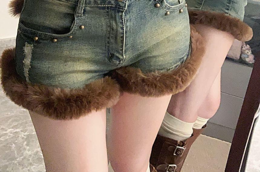 High Waist Faux Fur Trim Washed Denim Shorts Product Image