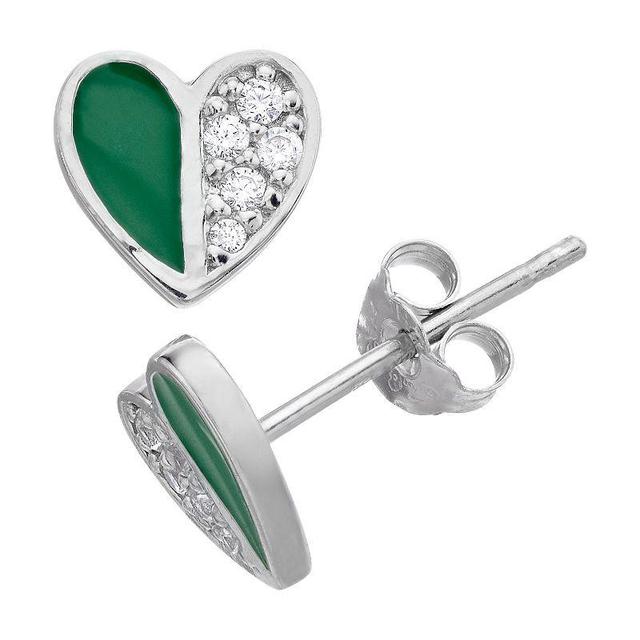 Aleure Precioso Sterling Silver Cubic Zirconia & Enamel Heart Stud Earrings, Womens, Green Product Image