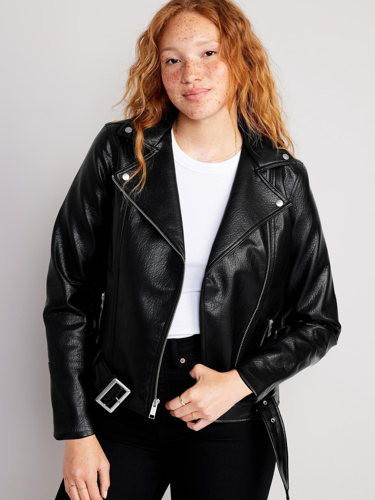 Faux-Leather Belted Biker Jacket Product Image