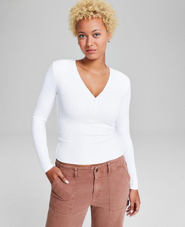 And Now This Womens Ribbed Henley-Neck Long-Sleeve Top, Created for Macys Product Image