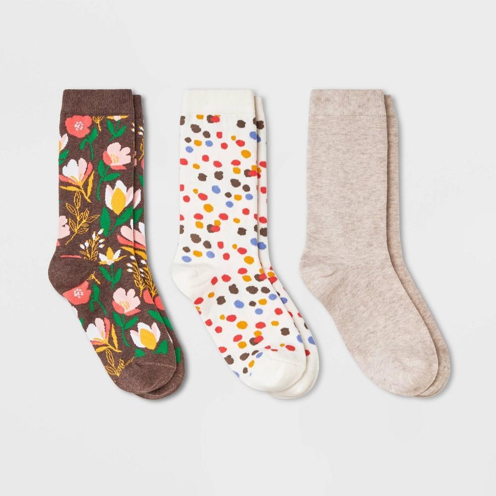 Womens 3pk Contemporary Floral Print Crew Socks - A New Day Brown Heather/Ivory 4-10 Product Image