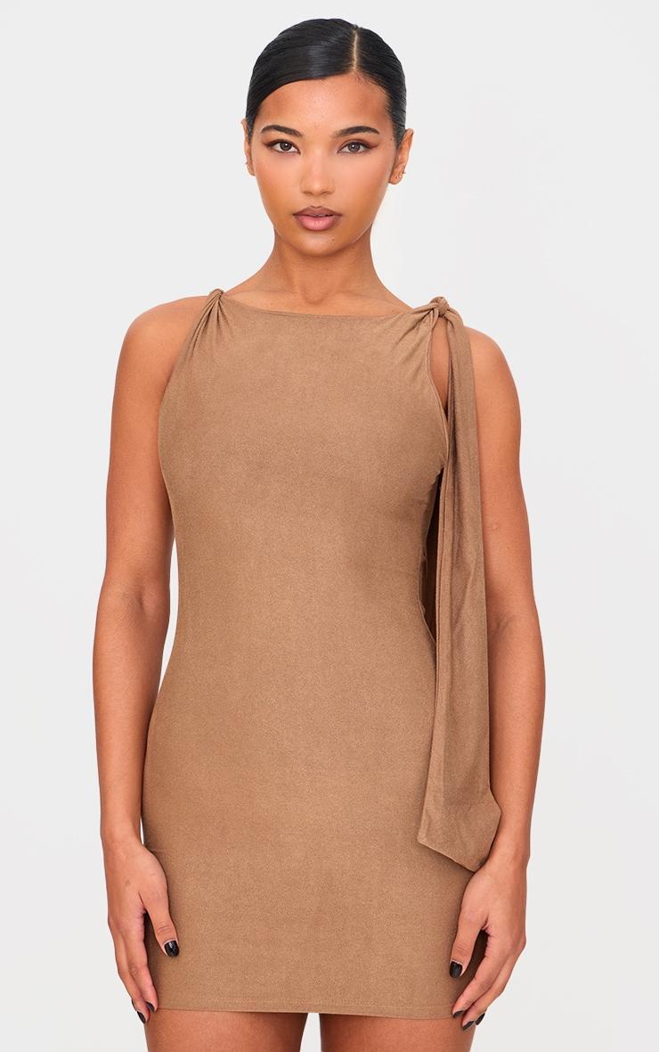 Camel Faux Suede Knot Drape Bodycon Dress Product Image