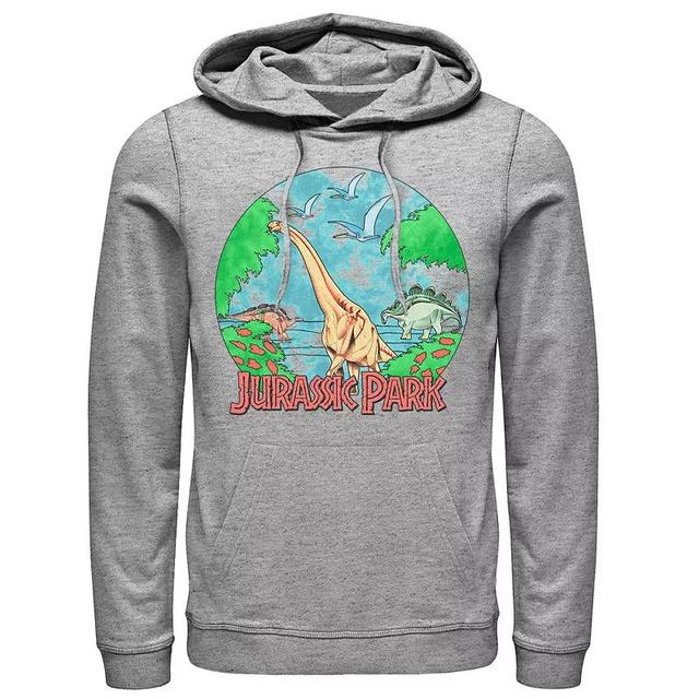 Mens Jurassic Park Retro Globe Watercolor Scene Hoodie Athletic Grey Product Image