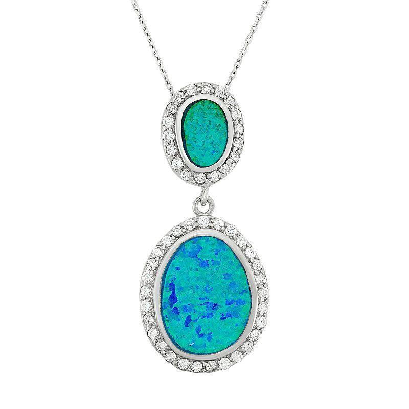 Lab-Created Blue Opal & Cubic Zirconia Sterling Silver Oval Pendant Necklace, Womens Product Image