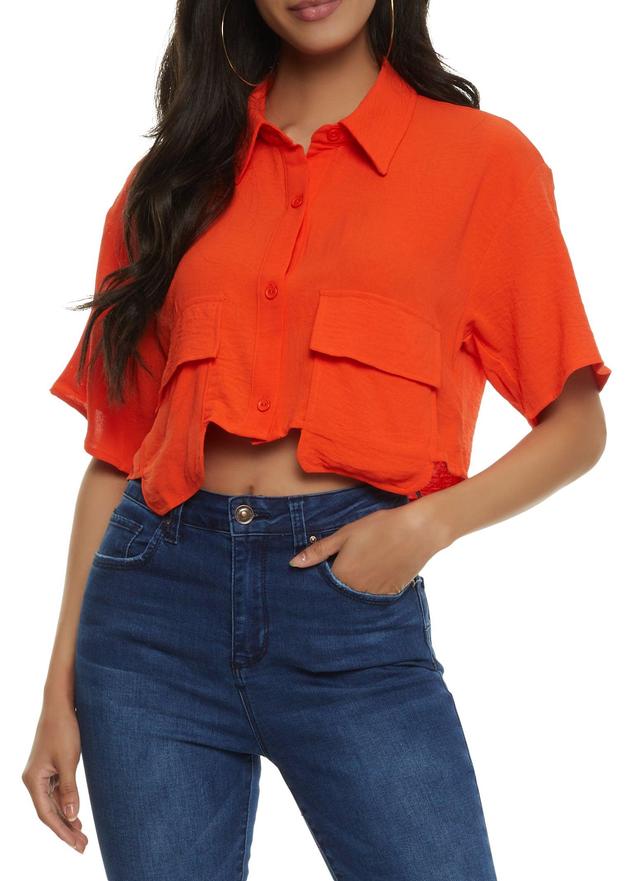 Womens Cropped Flap Pocket Detail Button Front Shirt Product Image