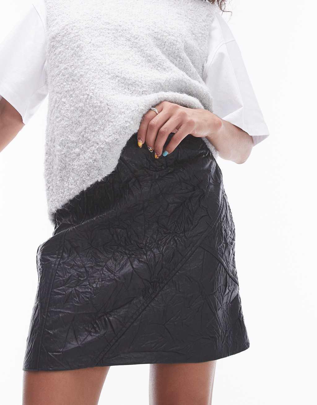 Topshop faux leather crinkle mini skirt in black Product Image