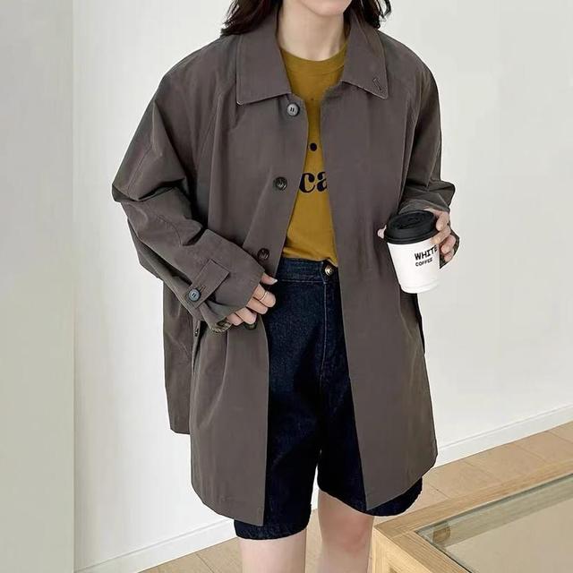 Collared Plain Button Trench Jacket Product Image