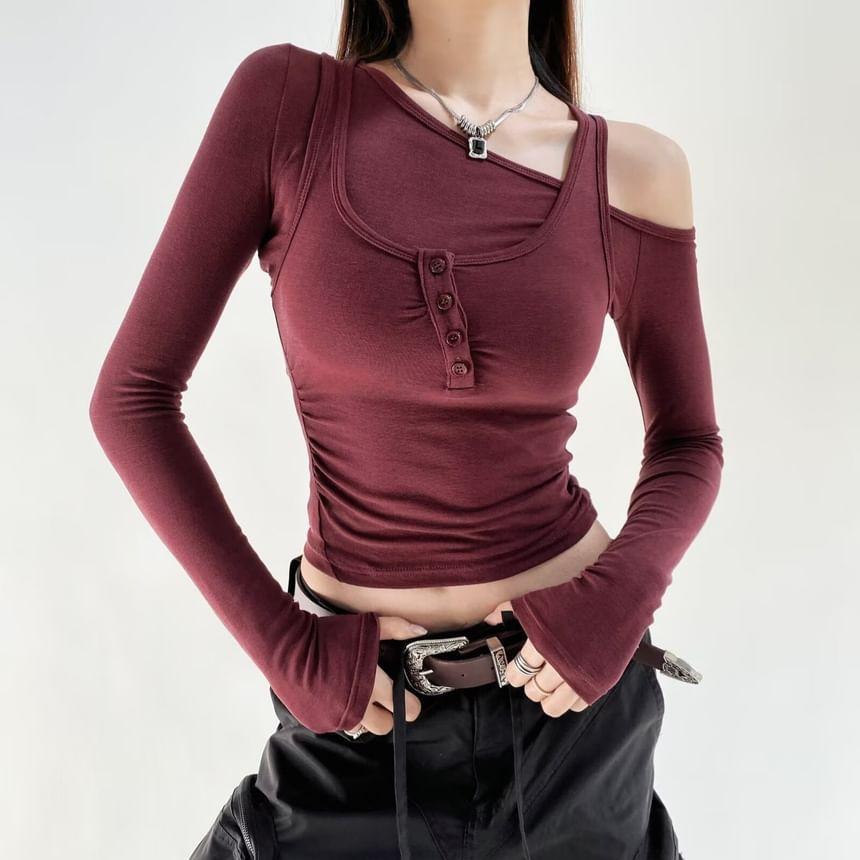 Set: Long Sleeve Cold-Shoulder Plain Slim-Fit Crop Top + Tank Top Product Image