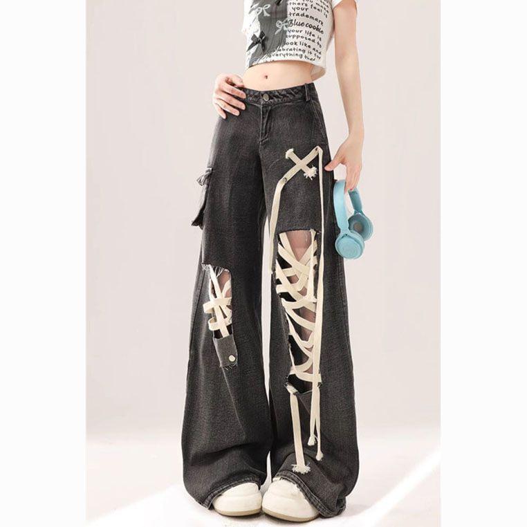 Low Rise Washed Lace-Up Wide Leg Jeans Product Image