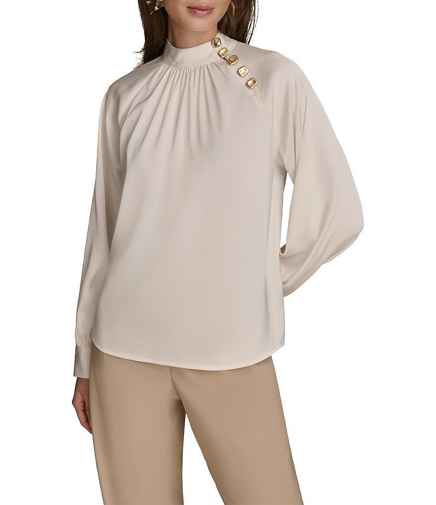 Donna Karan Stretch Satin Gold-Button Mock Neck Long Sleeve Top Product Image