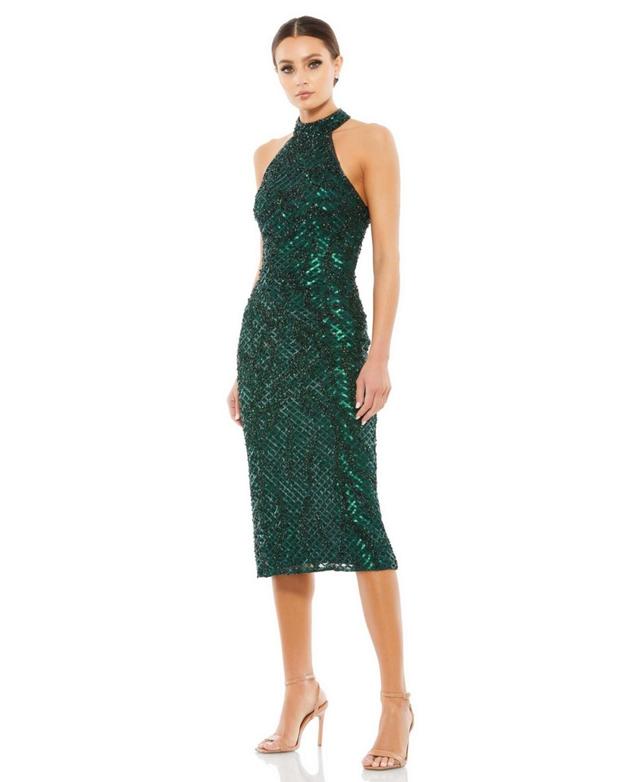 Womens Lattice Sequined Halter Midi Dress Product Image