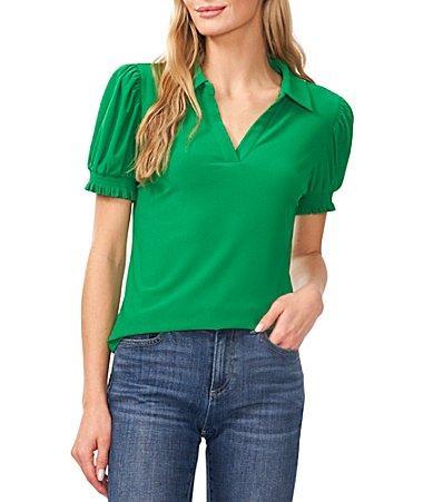 CeCe Womens Collared Split Neck Short Sleeve Knit Top Product Image