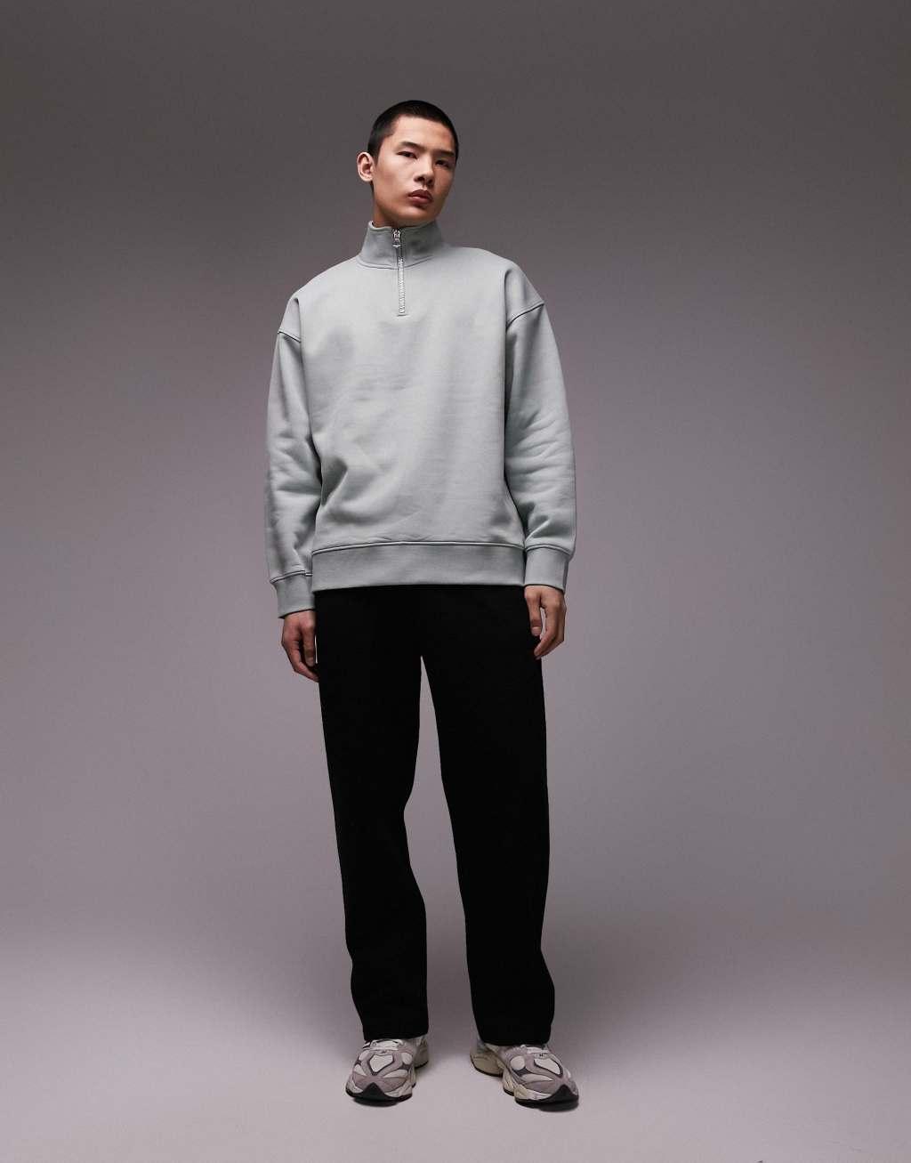 Topman premium heavyweight oversized 1/4 zip sweatshirt in sage Product Image