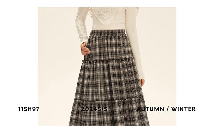 High Rise Ruffle Trim Plaid A-Line Maxi Skirt Product Image