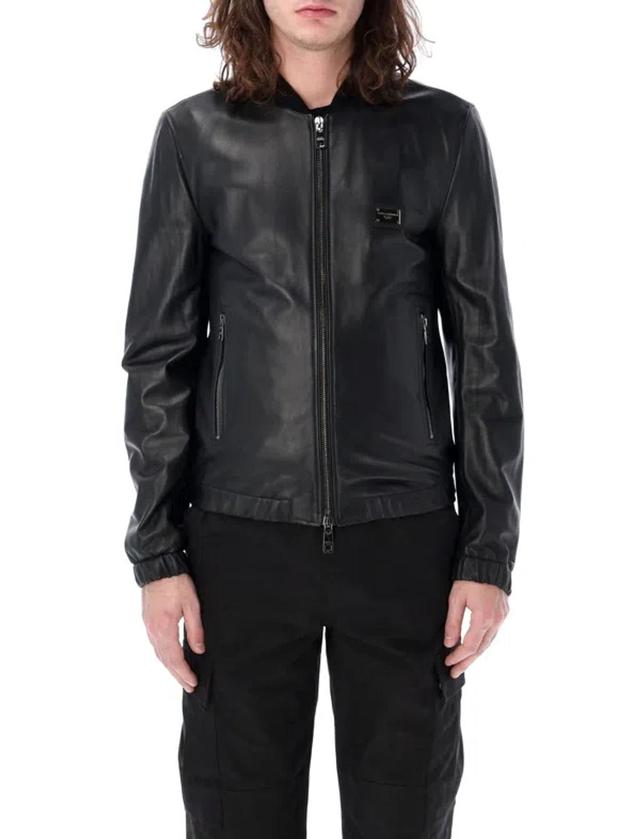 Leather Jacket With Branded Tag In Black Product Image