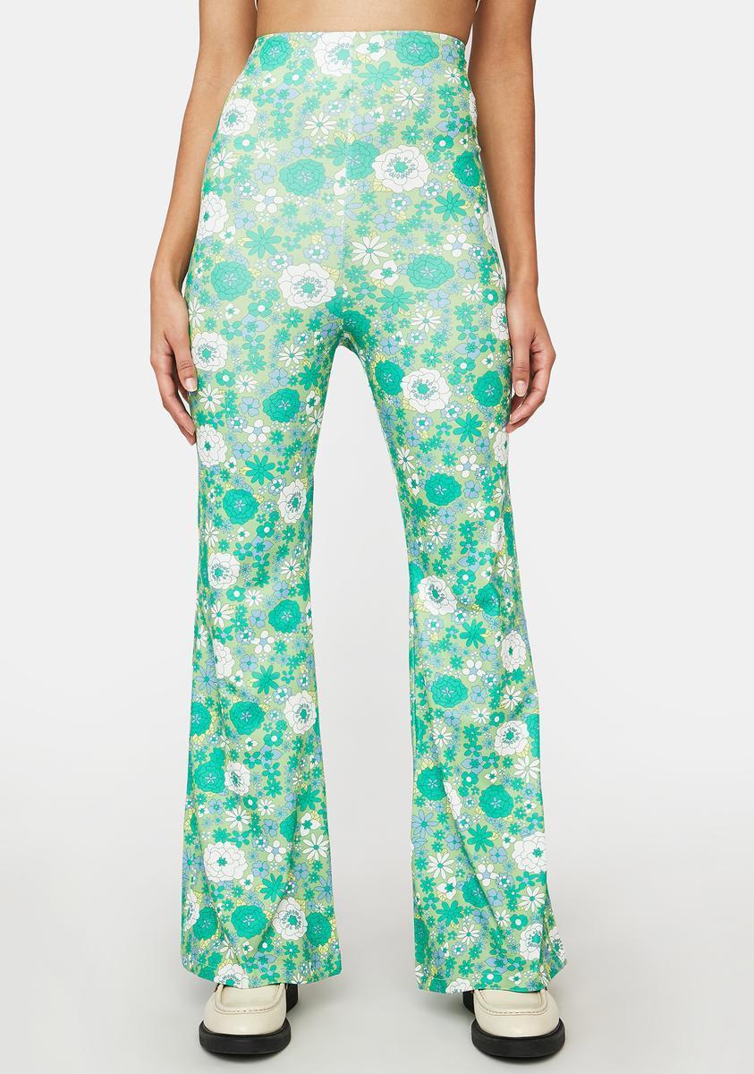 High Waist Flare Retro Floral Pants Green product image