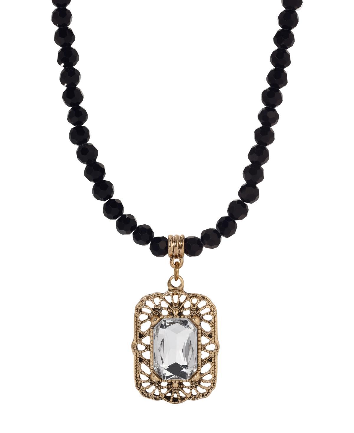 1928 Gold Tone Bead and Simulated Crystal Pendant Necklace, Womens, Black Product Image