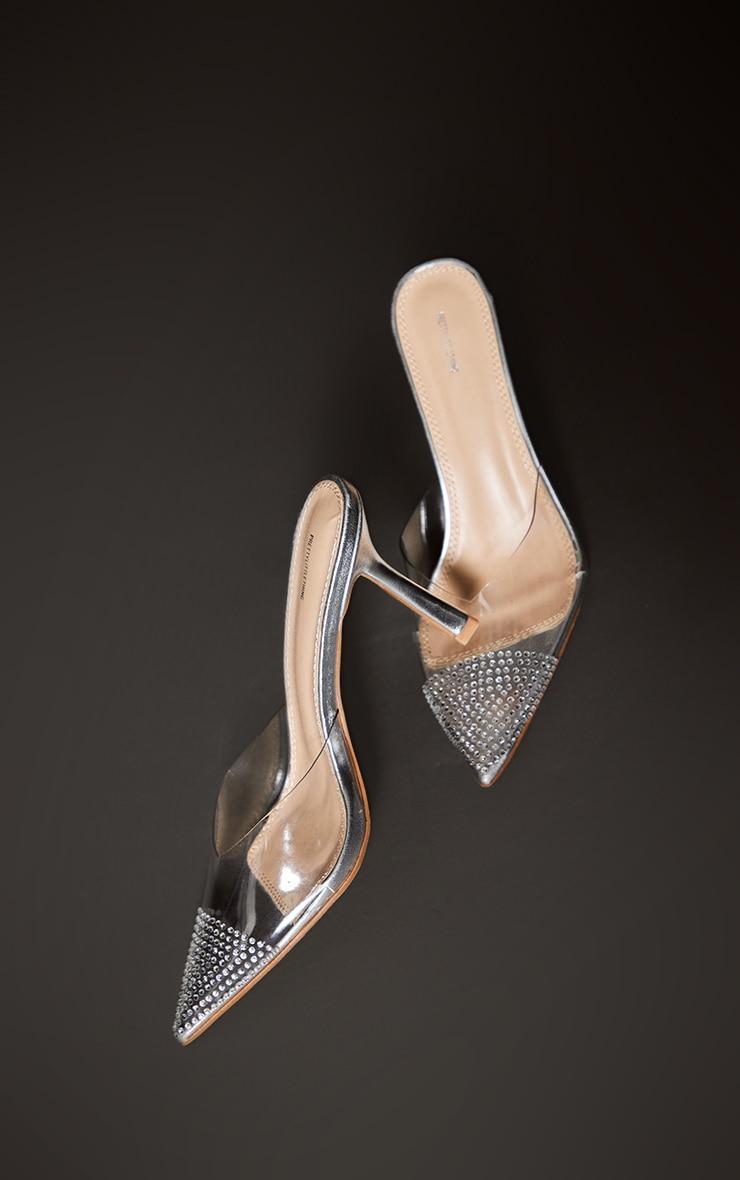 Silver Vinyl Point Toe Diamante Contrast High Heeled Court Mules Product Image