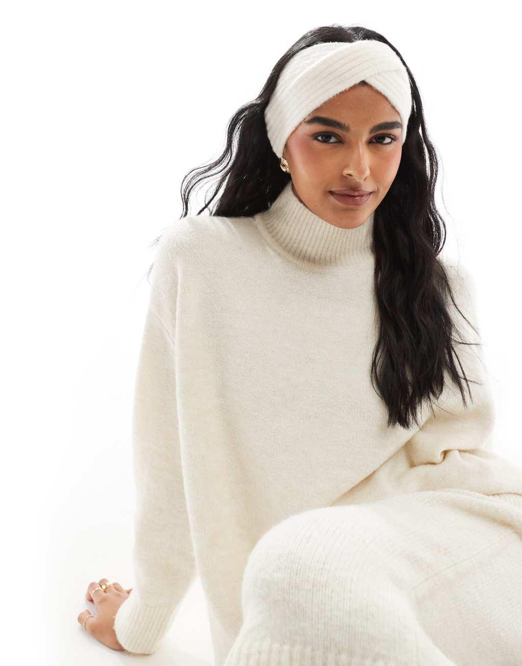 ASOS DESIGN cross over knit headband in cream Product Image