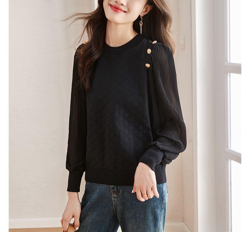 Long-Sleeve Crew Neck Plain Jacquard Mesh Panel Buttoned Blouse Product Image