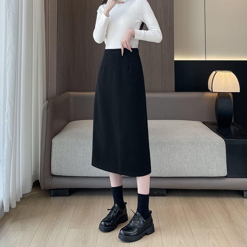 High Rise Plain Slit Midi A-Line Skirt Product Image