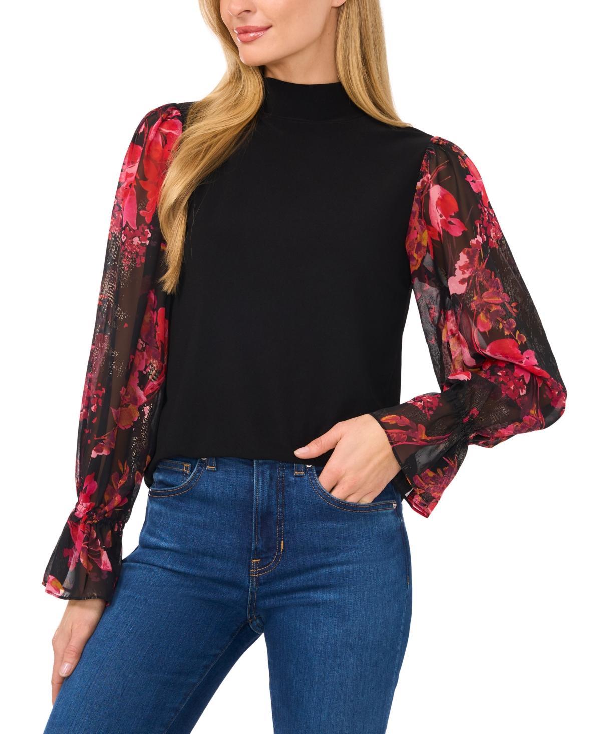 CeCe Womens Long Sleeve Mixed-Media Mock-Neck Blouse product image