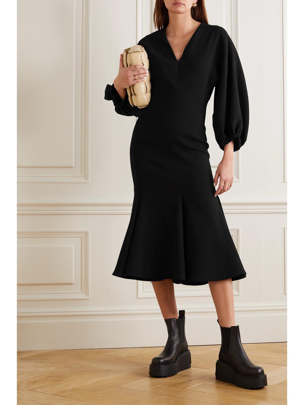 VALENTINO Gathered-sleeve V-neck Midi Dress In Black Product Image