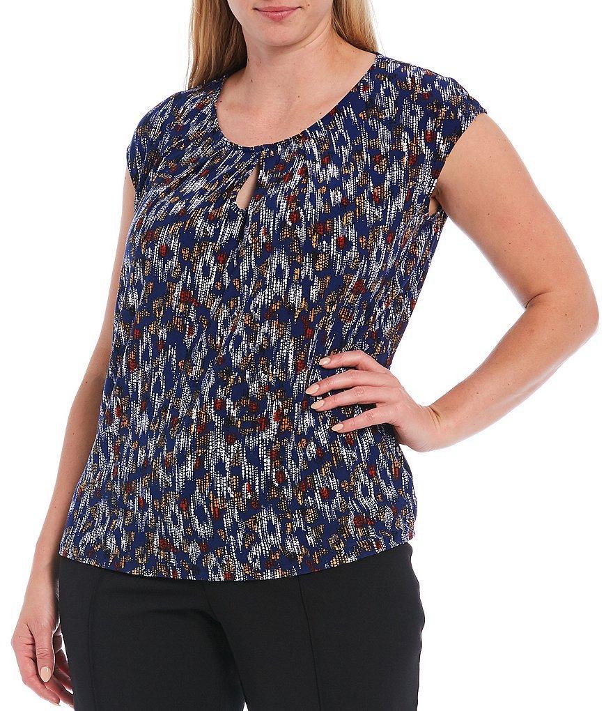 Kasper Plus Size Scattered Dot Print Keyhole Scoop Neck Cap Sleeve Top Product Image