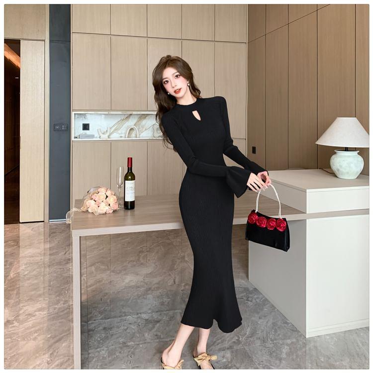 Long-Sleeve Round Neck Plain Cutout Ribbed Midi Sheath Knit Dress Product Image