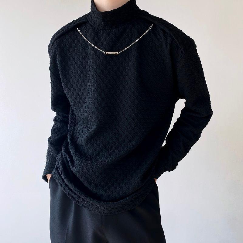 Long-Sleeve Mock Neck Plain Textured T-Shirt Product Image