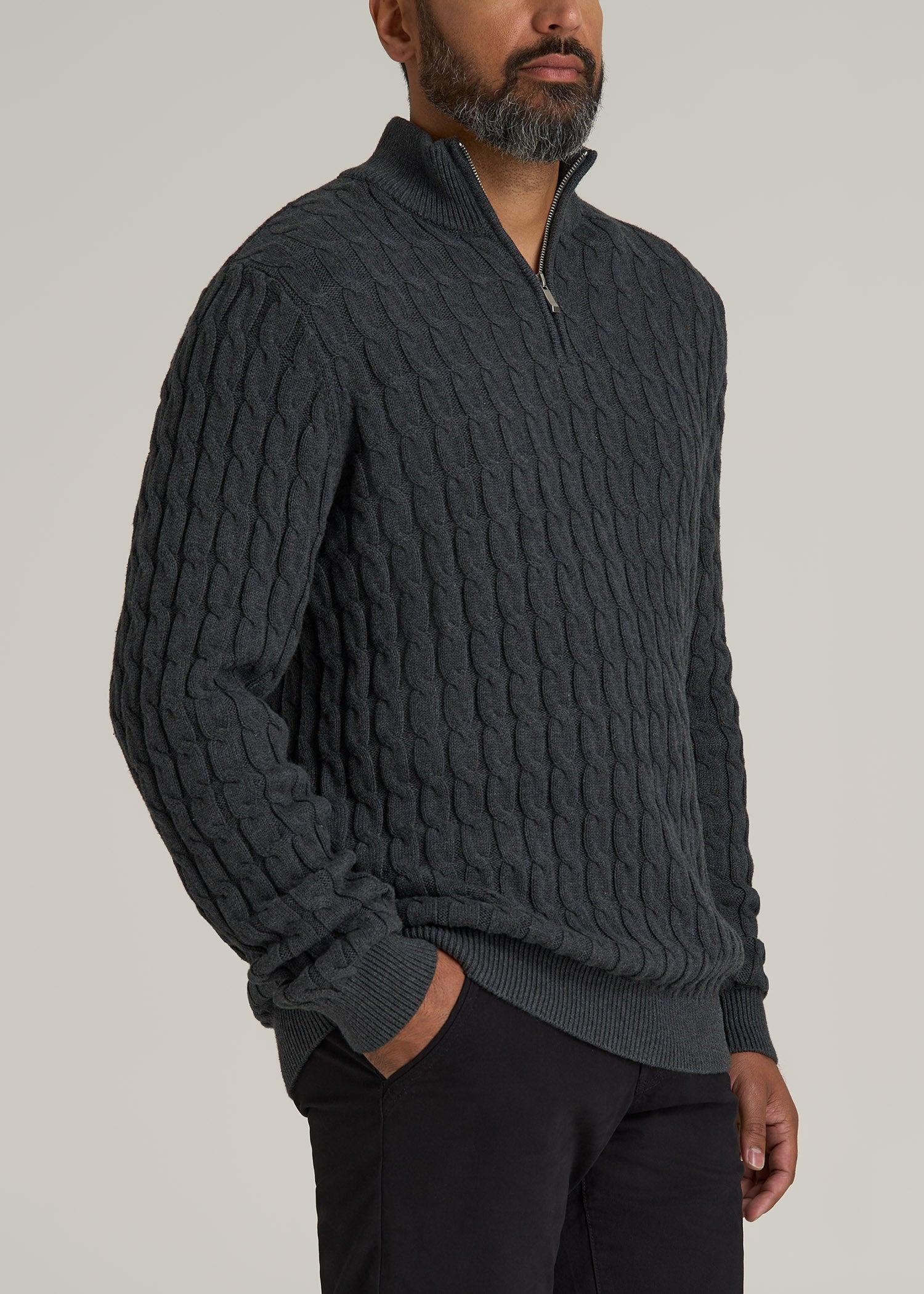 Cable Knit Half Zip Sweater for Tall Men in Charcoal Mix Male Product Image