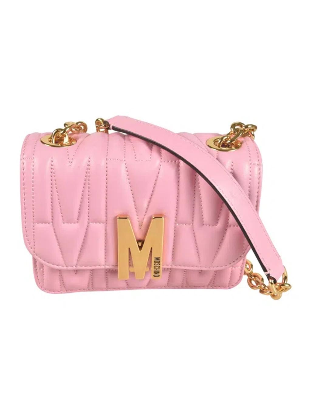 MOSCHINO Quilted Logo Flap Shoulder Bag In Pink Product Image