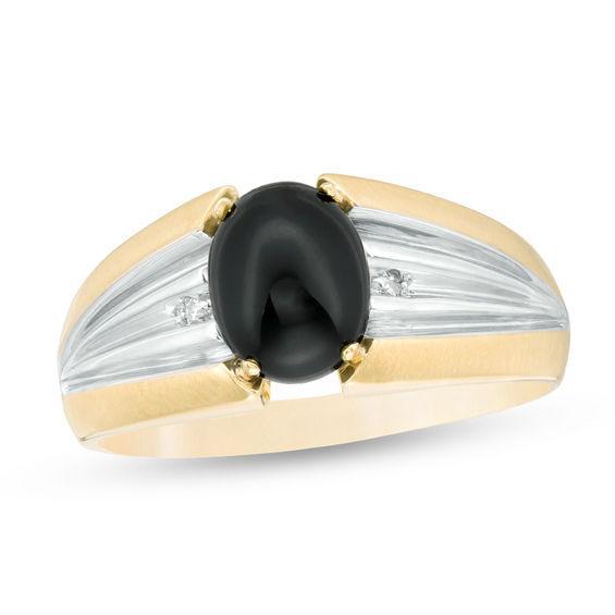 Men's Oval Lab-Created Onyx and Diamond Accent Ribbed Shank Multi-Finish Ring in 10K Two-Tone Gold Product Image