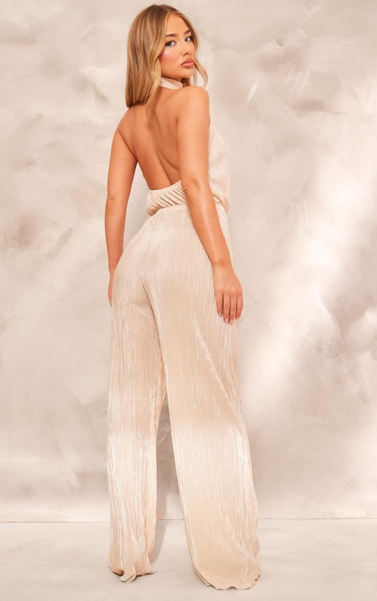 Champagne Plisse High Neck Scoop Back Wide Leg Jumpsuit Product Image