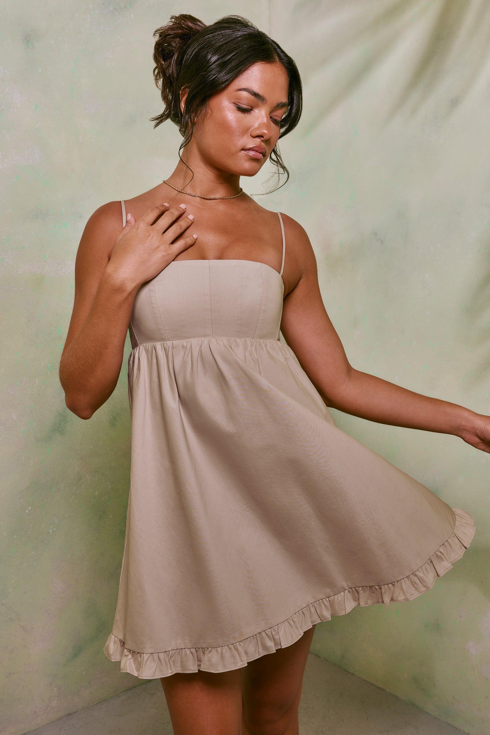 Empire Waist Cotton A-Line Mini Dress in Sand Product Image