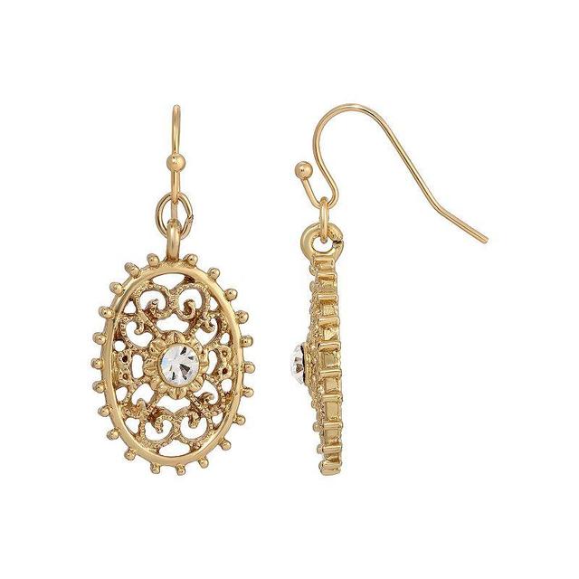 1928 Gold Tone Simulated Crystal Filigree Oval with Beaded Edge Dangle Earrings, Womens, White Product Image